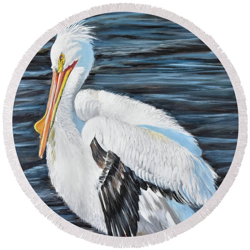 American White Pelicans Round Beach Towel featuring the painting Black Wing Down by Marilyn McNish