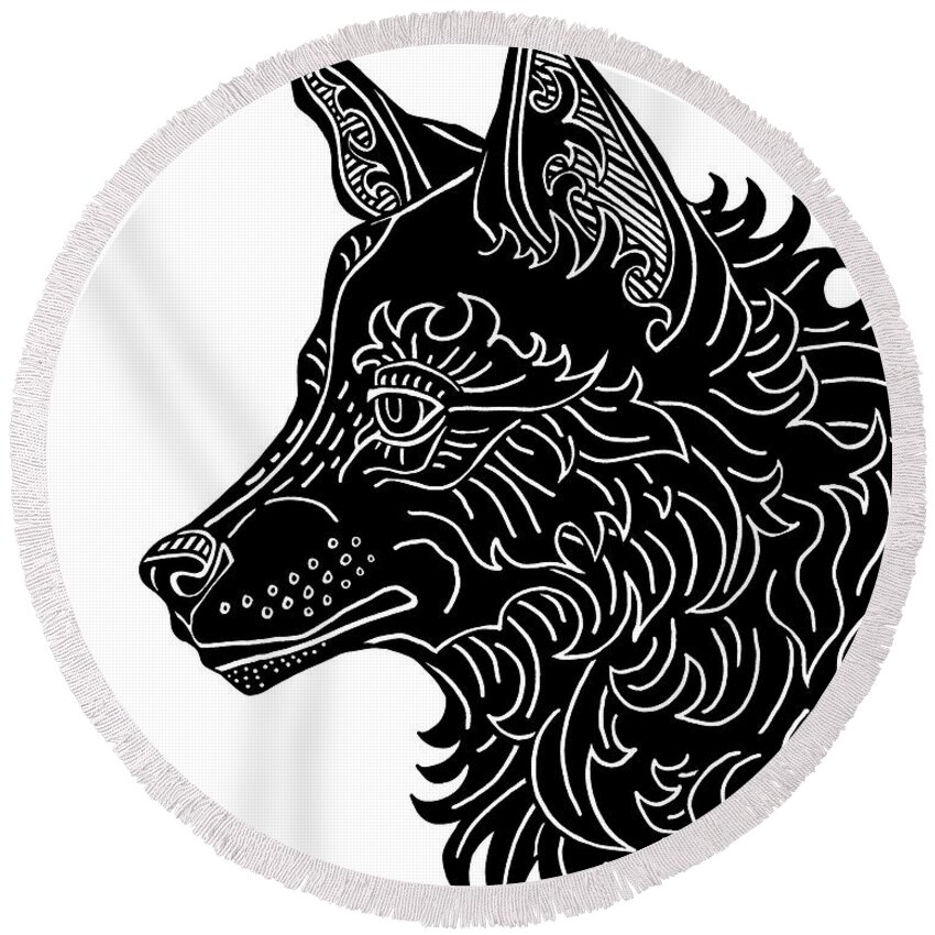 Wolf Round Beach Towel featuring the drawing Black Wolf. Wild Animal Ink 9 by Amy E Fraser