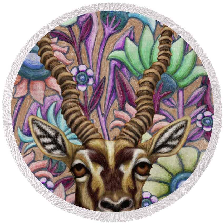 Antelope Round Beach Towel featuring the painting Blackbuck Floral by Amy E Fraser