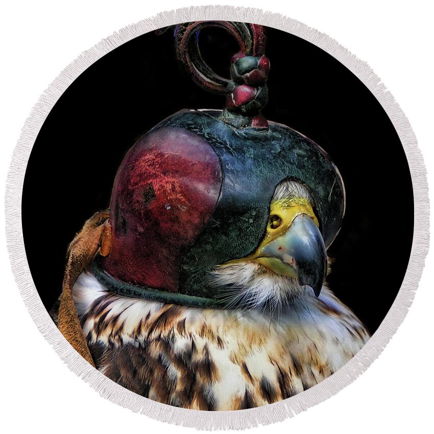 Falcon Round Beach Towel featuring the photograph Blinded Falcon by Alexandra's Photography
