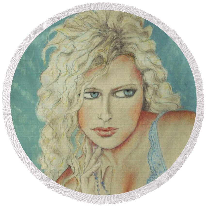 Bombshell Round Beach Towel featuring the drawing Blond Bombshell No. 2 by Jayne Somogy