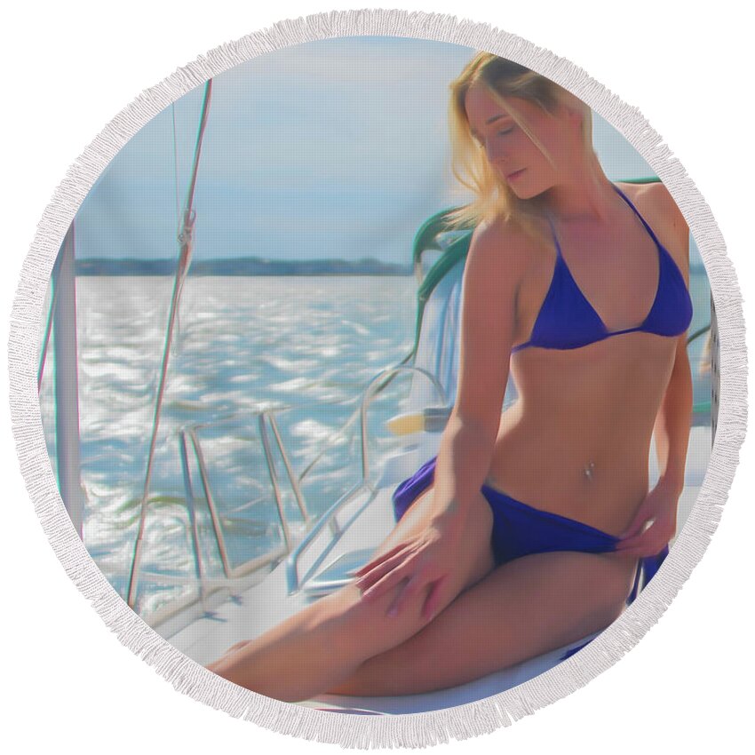 Blonde Round Beach Towel featuring the photograph Blonde on a yacht water color by Alan Goldberg