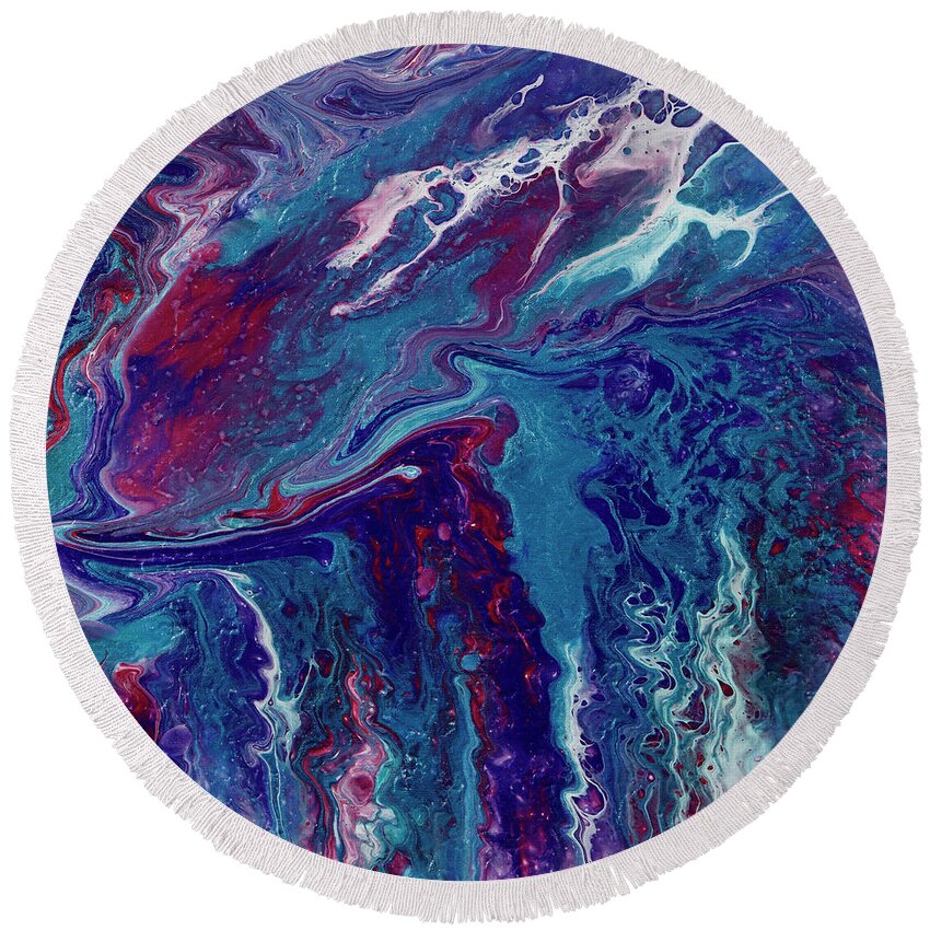Fluid Pour Art Round Beach Towel featuring the painting Blood of the Ocean by Tessa Evette