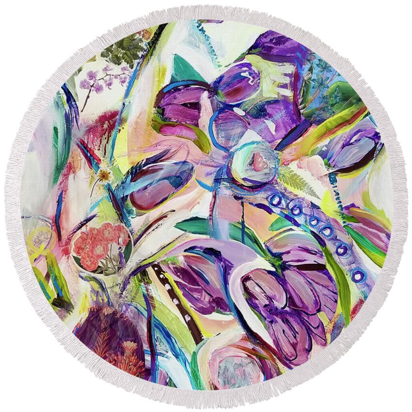 Abstract Floral Round Beach Towel featuring the mixed media Bloom by Catherine Gruetzke-Blais