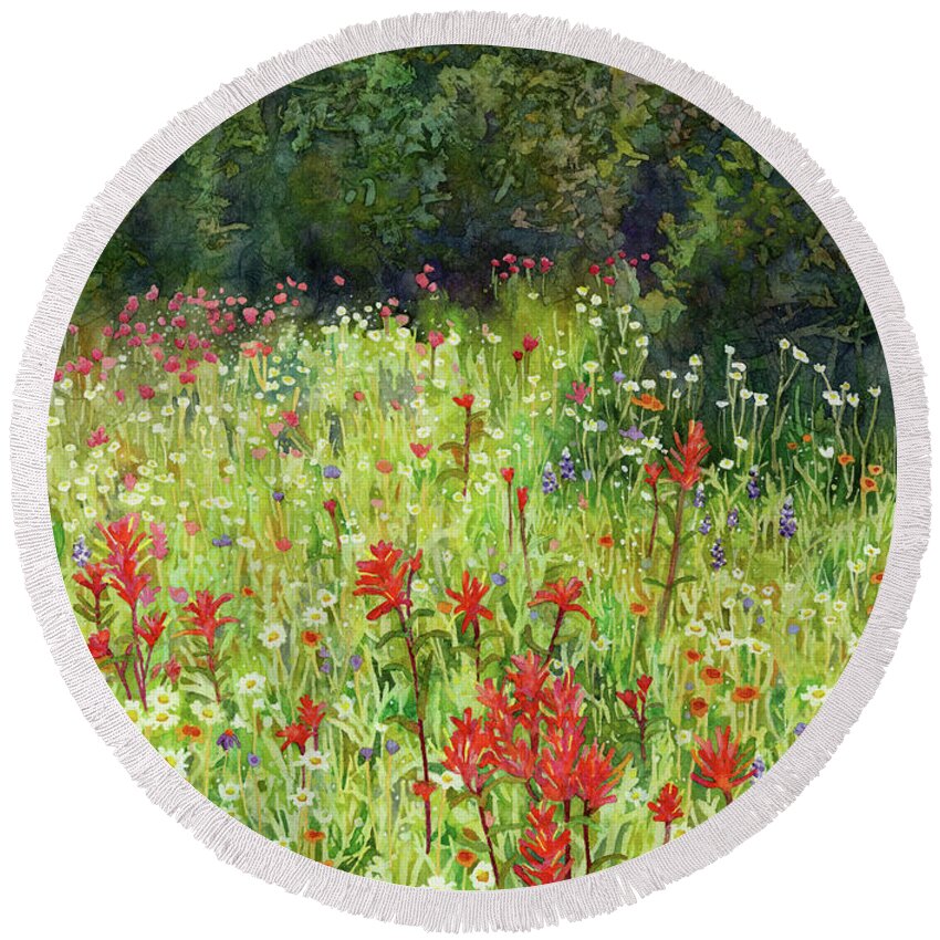 Bluebonnet Round Beach Towel featuring the painting Blooming Field by Hailey E Herrera