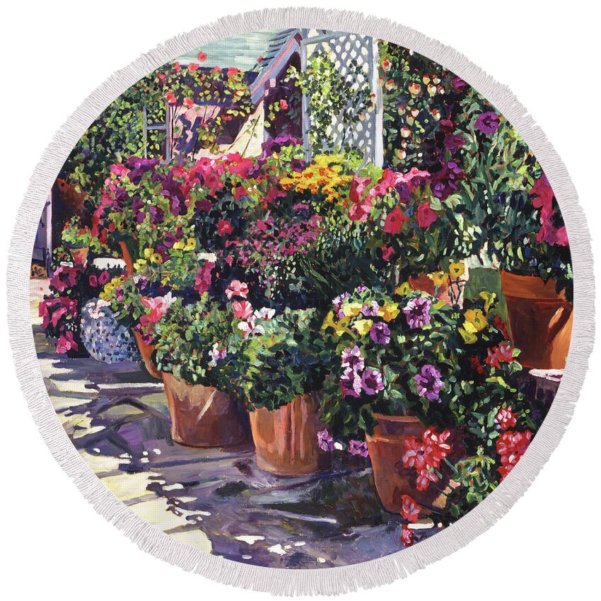 Garden Round Beach Towel featuring the painting Blooming Flower Pots by David Lloyd Glover