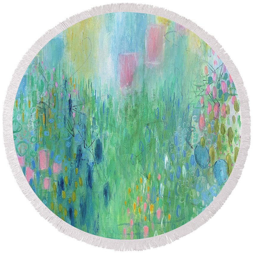 Blooms Round Beach Towel featuring the painting Blooms 1 by Cheryl Rhodes