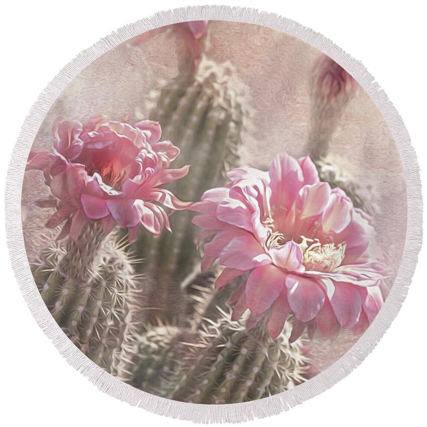 Black Cactus Round Beach Towel featuring the digital art Blooms of Tucson by Steve Kelley