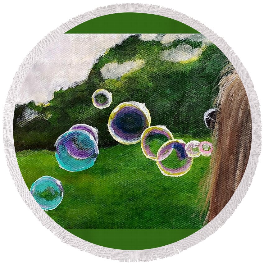 Bubbles Round Beach Towel featuring the painting Blowing Bubbles by Amy Kuenzie