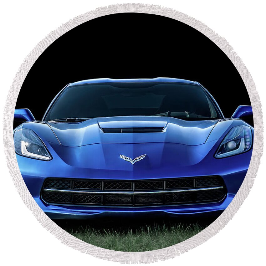 Corvette Round Beach Towel featuring the digital art Blue 2013 Corvette by Douglas Pittman