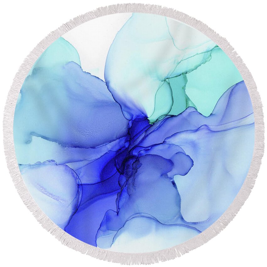 Blue Round Beach Towel featuring the painting Blue Abstract Floral Ink by Olga Shvartsur