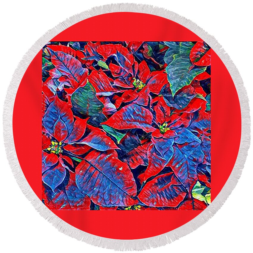 Blue Round Beach Towel featuring the photograph Blue and Red Poinsettias by Vivian Aumond