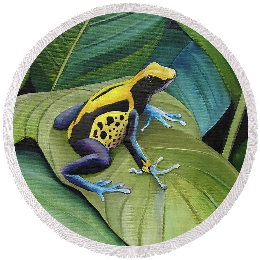 Blue And Yellow Dart Frog Round Beach Towel featuring the painting Blue and Yellow Dart by Connie Rish