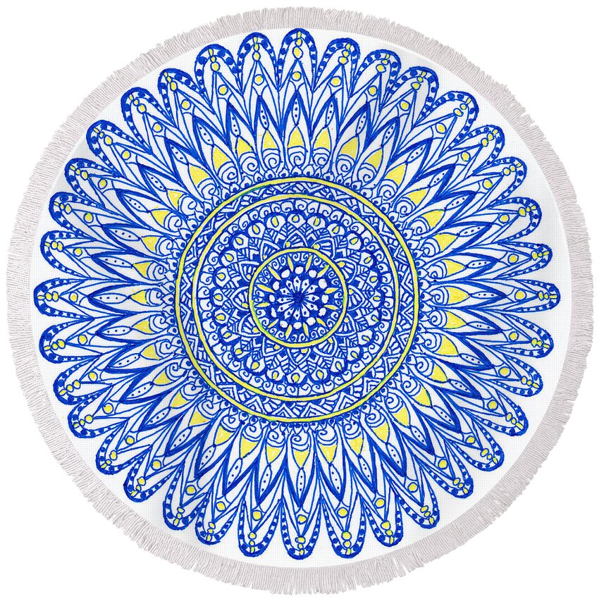 Mandala Round Beach Towel featuring the drawing Blue and Yellow Flower Mandala by Laura Iverson