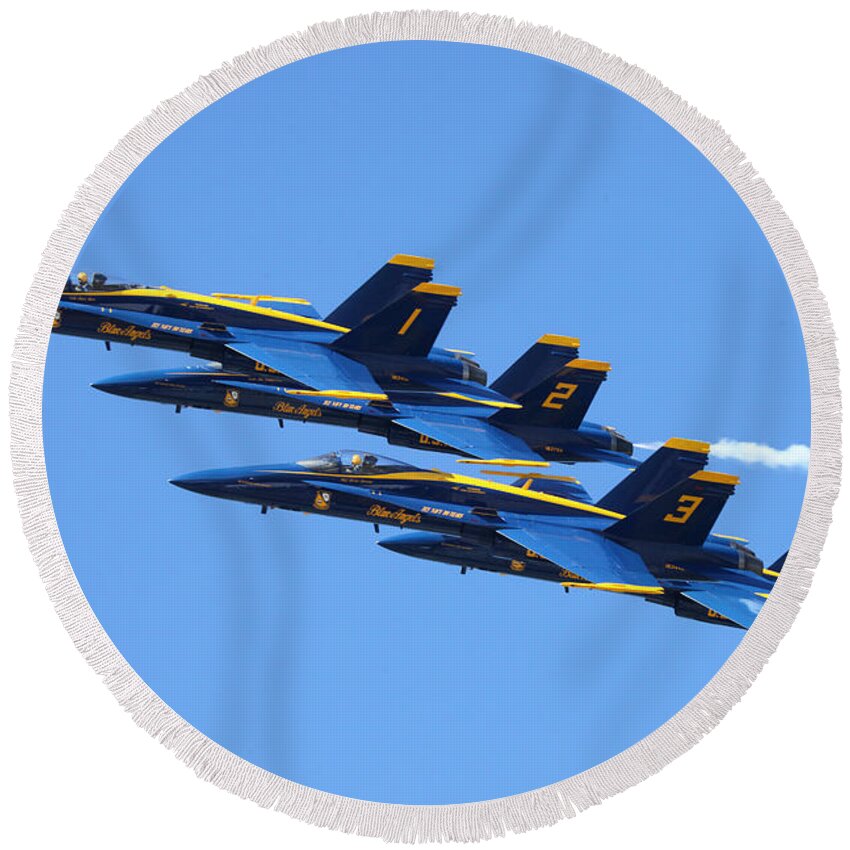 Blue Angels Round Beach Towel featuring the photograph Blue Angels Diamond by Custom Aviation Art