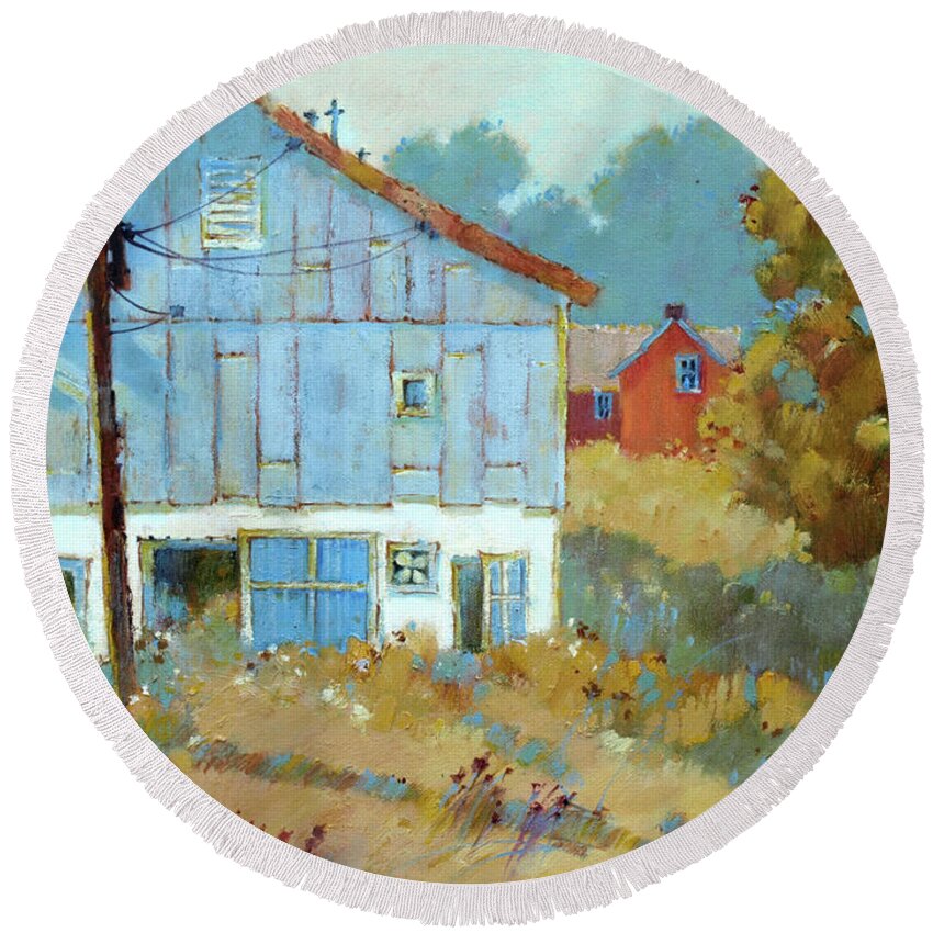 Oil Round Beach Towel featuring the painting Blue Barn Door by Joyce Hicks