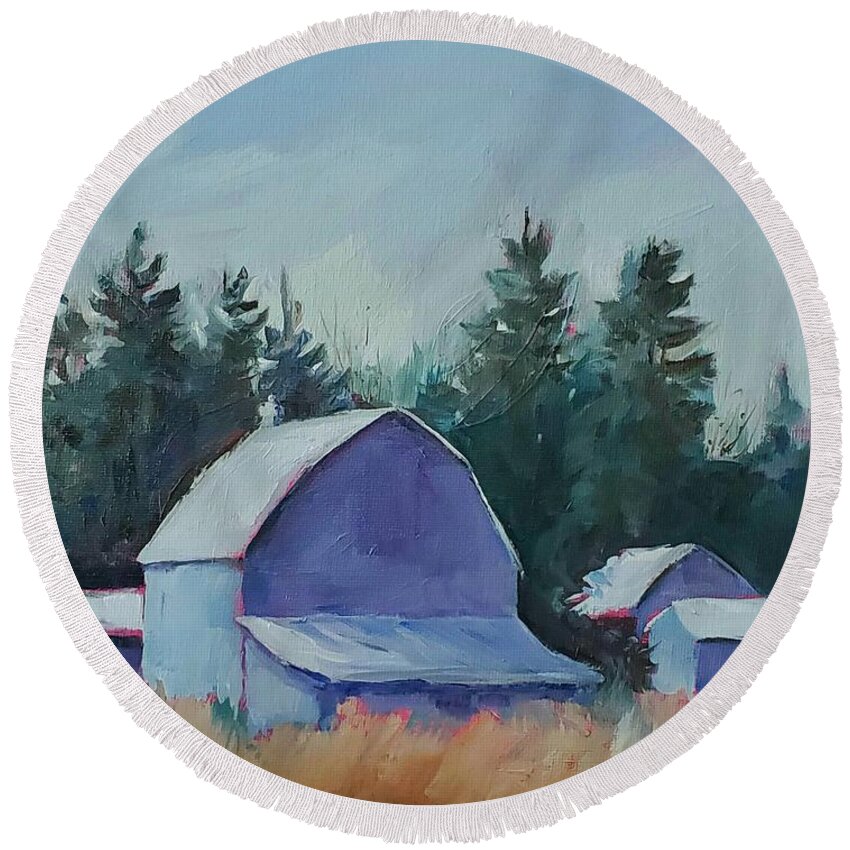 Farm Round Beach Towel featuring the painting Blue Barns by Sheila Romard