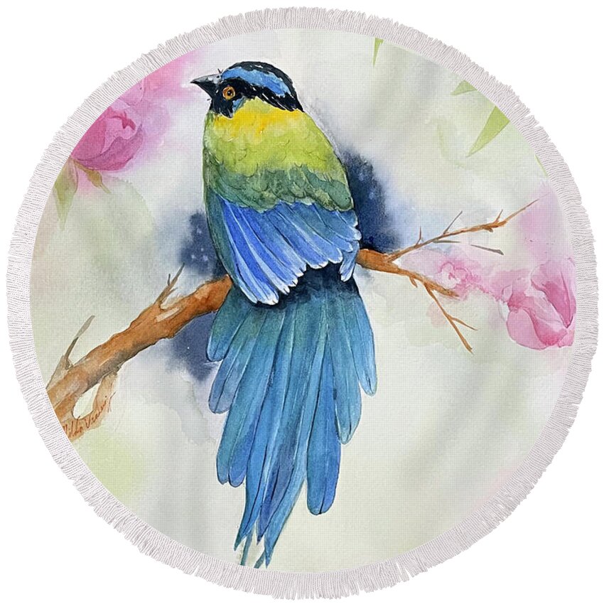 Blue Round Beach Towel featuring the painting Blue Bird and Blossoms by Hilda Vandergriff