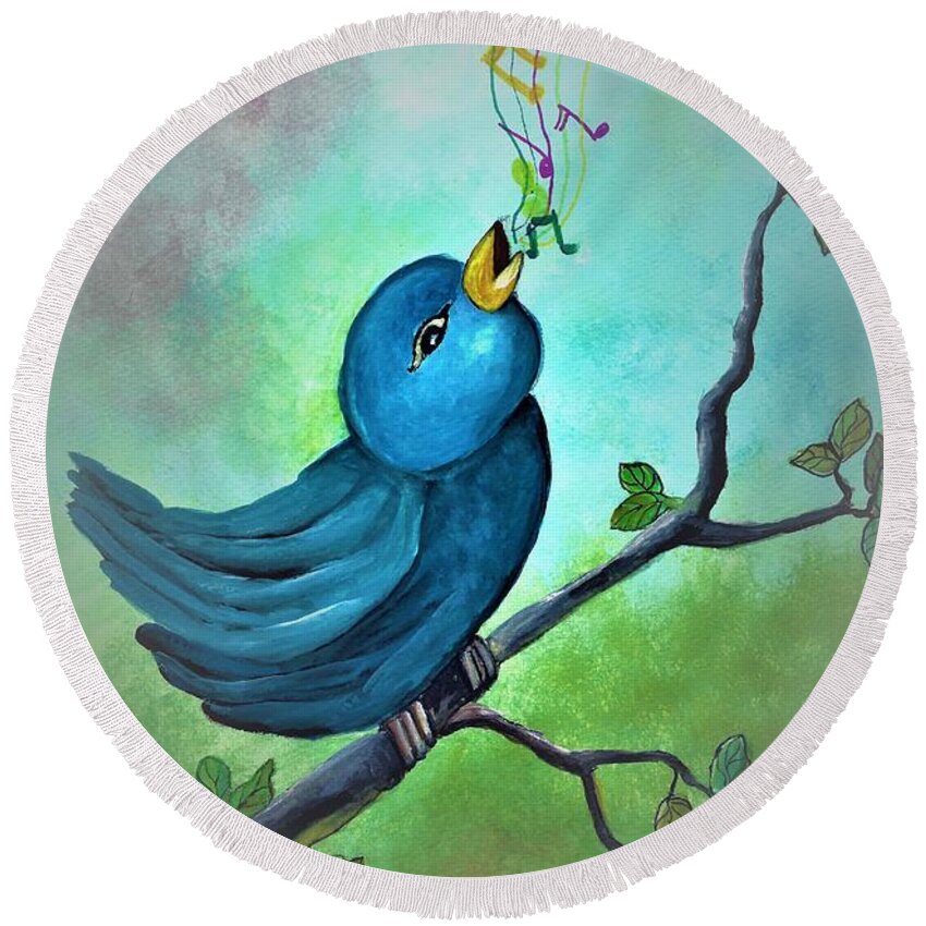 Bird Round Beach Towel featuring the painting Blue bird singing by Tara Krishna