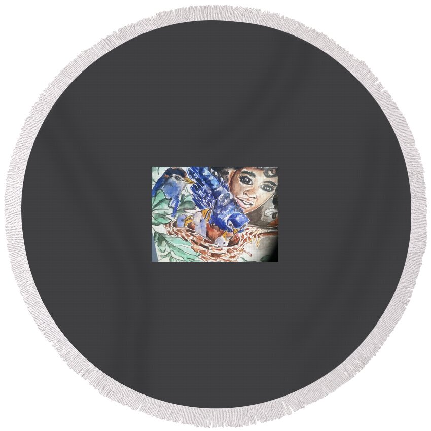  Round Beach Towel featuring the painting Blue Birds by Angie ONeal