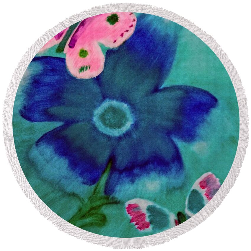 Blue Round Beach Towel featuring the painting Blue Blossom by Anna Adams