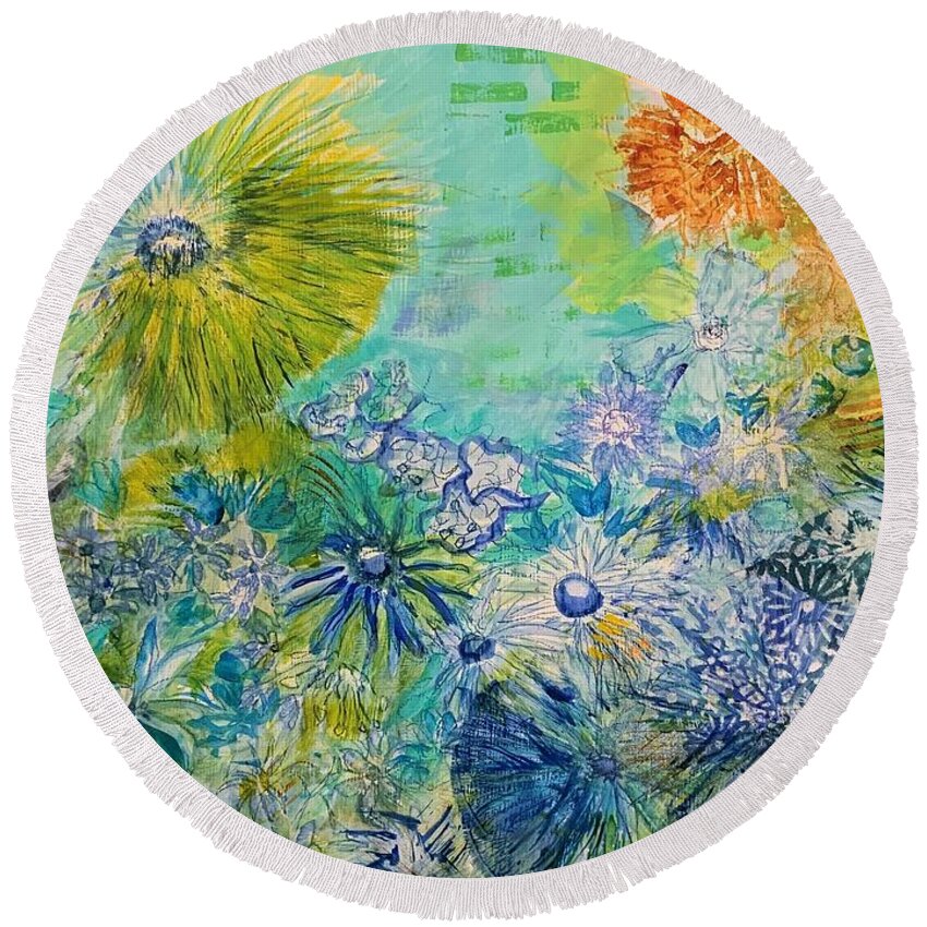 Blue Round Beach Towel featuring the mixed media Blue Bouquet by Julia Malakoff