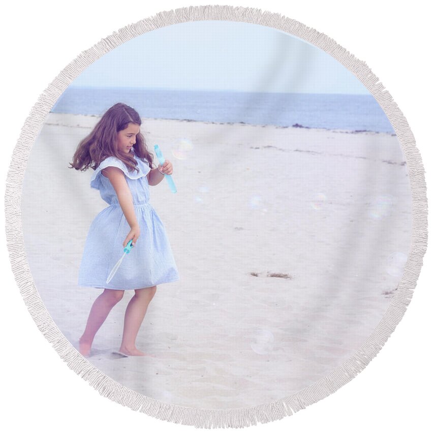Girl Round Beach Towel featuring the photograph Blue Bubbles by Theresa Johnson