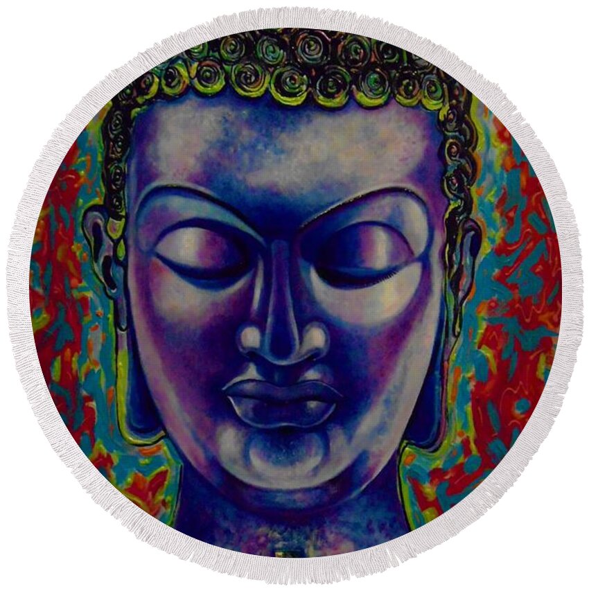 Budha Art Round Beach Towel featuring the painting Blue Budha by Emery Franklin