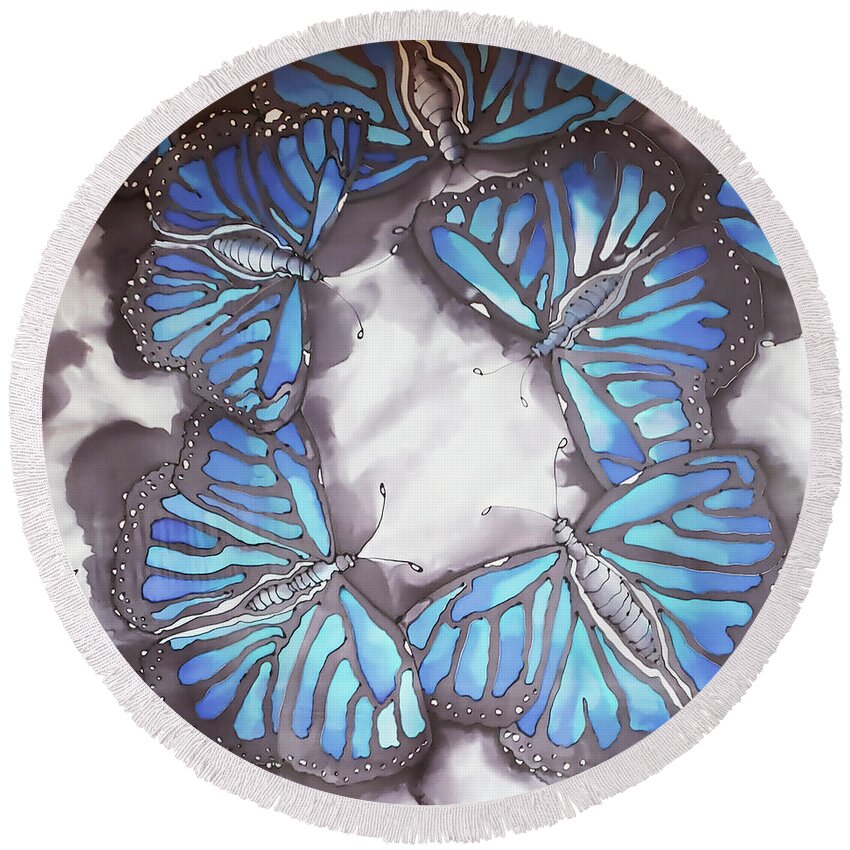 Blue Round Beach Towel featuring the tapestry - textile Blue Butterflies by Karla Kay Benjamin