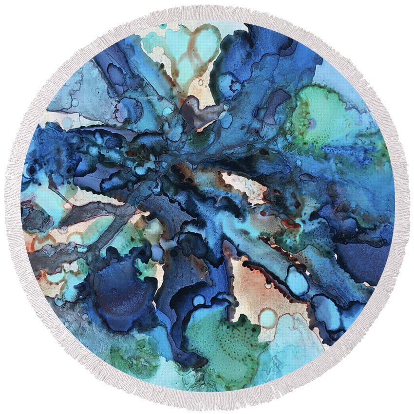Abstract Round Beach Towel featuring the painting Blue Confession by Linda Cranston