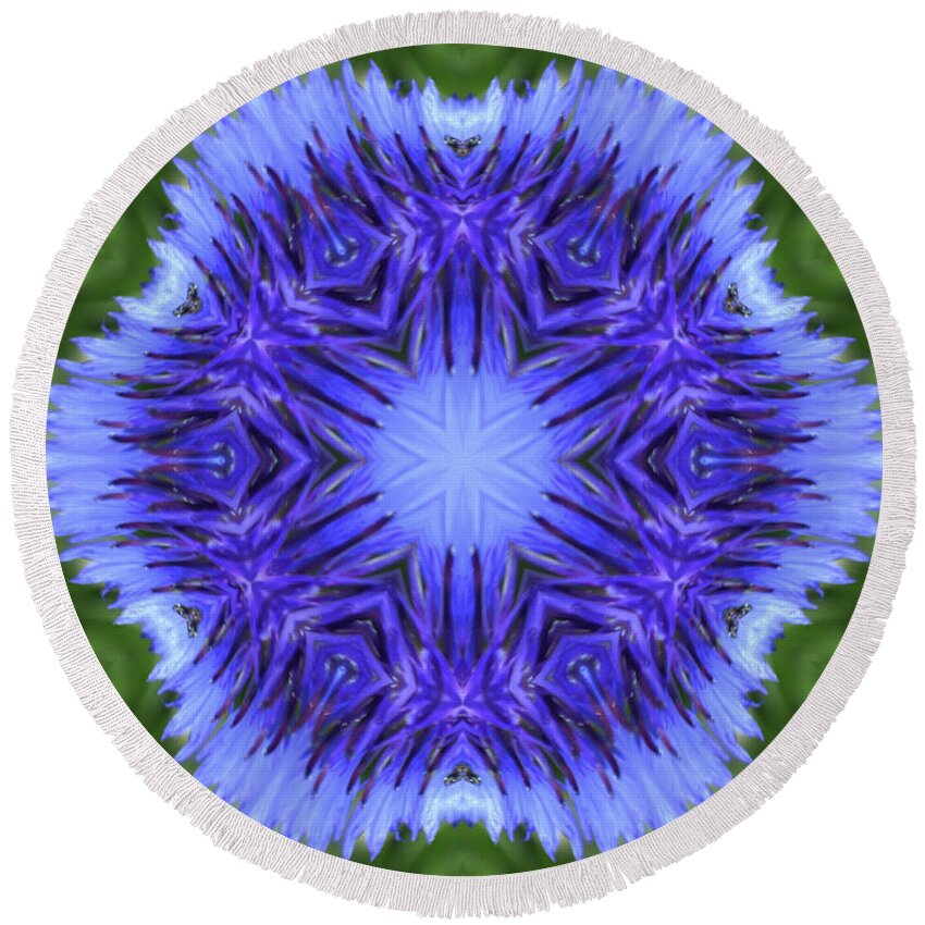 Cornflower Fractal Round Beach Towel featuring the digital art Blue Cornflower Kaleidoscope by Charles Robinson