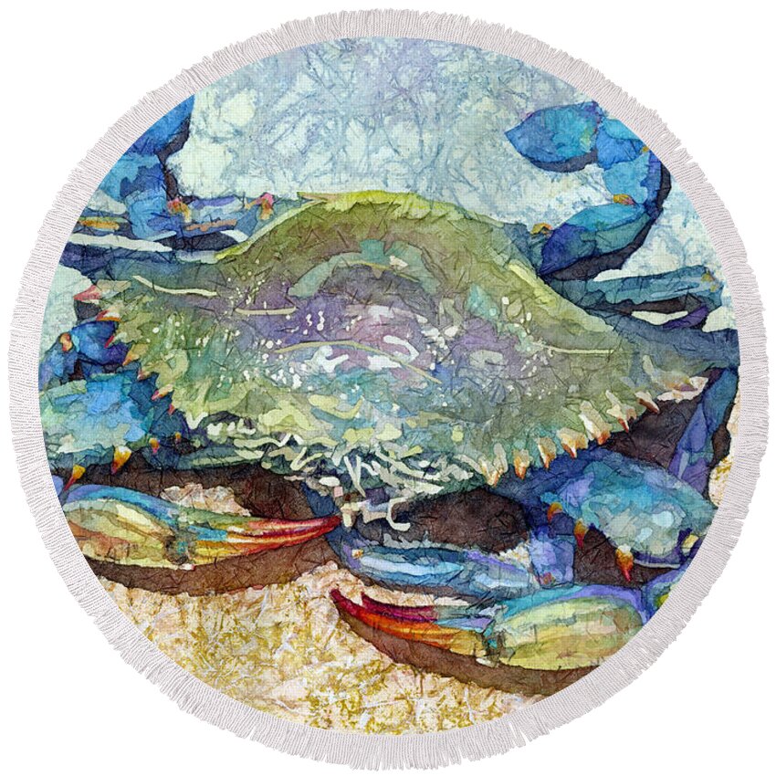 Crab Round Beach Towel featuring the painting Blue Crab-pastel colors by Hailey E Herrera