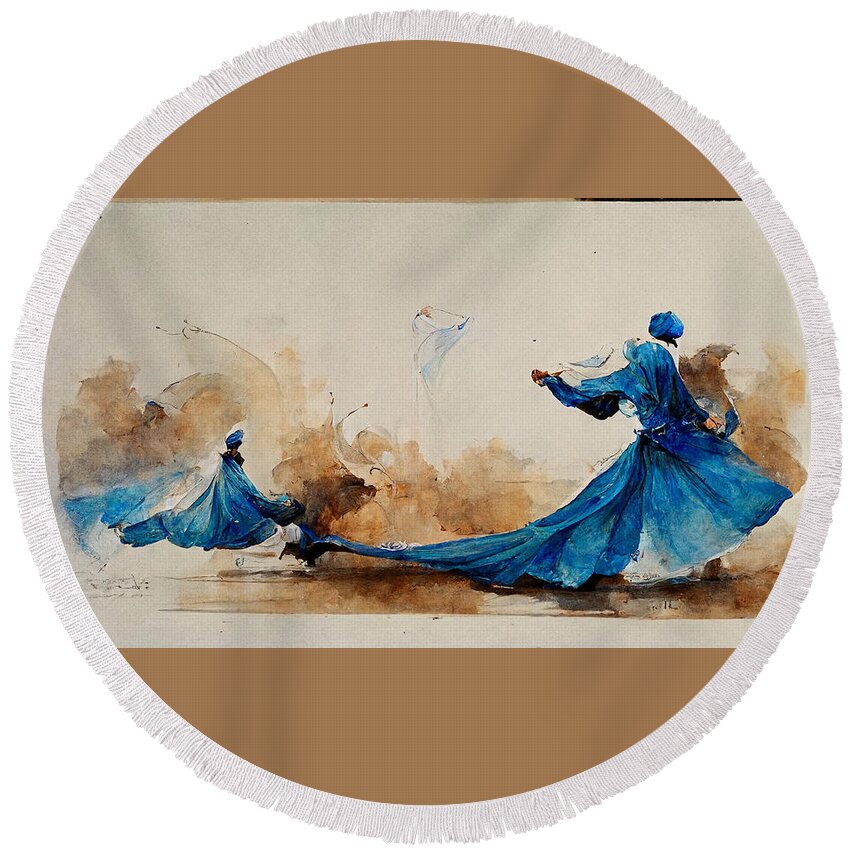 Peacock Round Beach Towel featuring the painting BLUE DERVISH sufi  WATERCOLOR IN THE STYLE OF Winslow f6936aaa 45ad 4ceb a9d7 136daac8 by MotionAge Designs