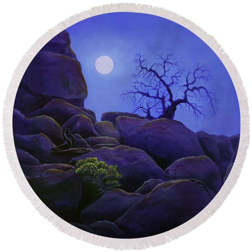 Kim Mcclinton Round Beach Towel featuring the painting Ghost Tree in Blue Desert Moon by Kim McClinton