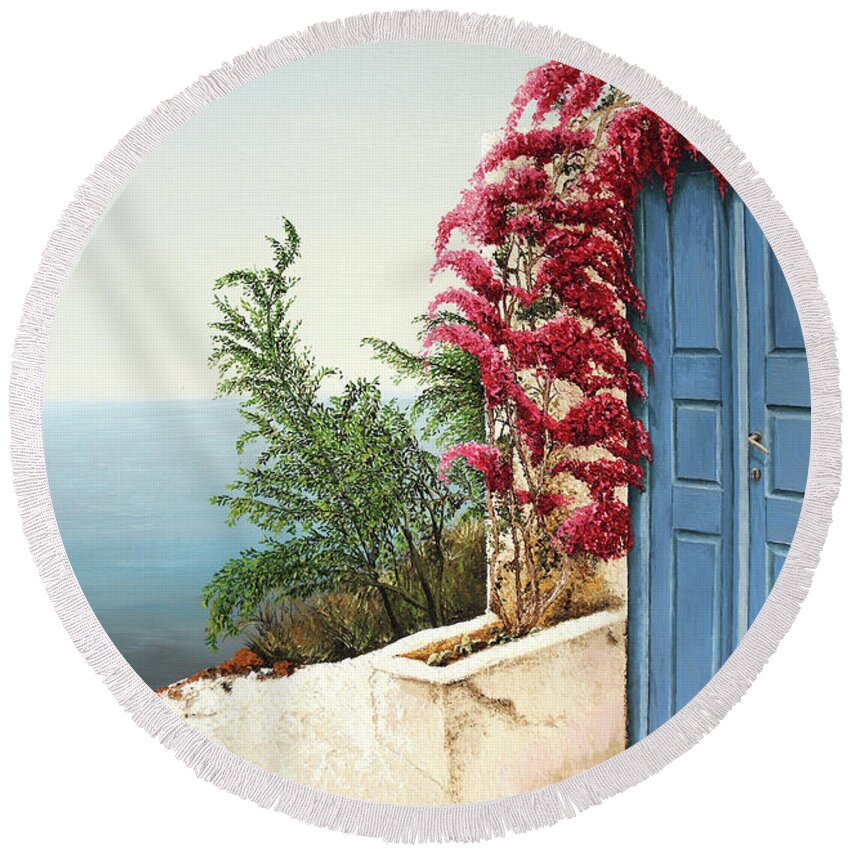 Greece Round Beach Towel featuring the painting Blue door Oia by Russell Hinckley