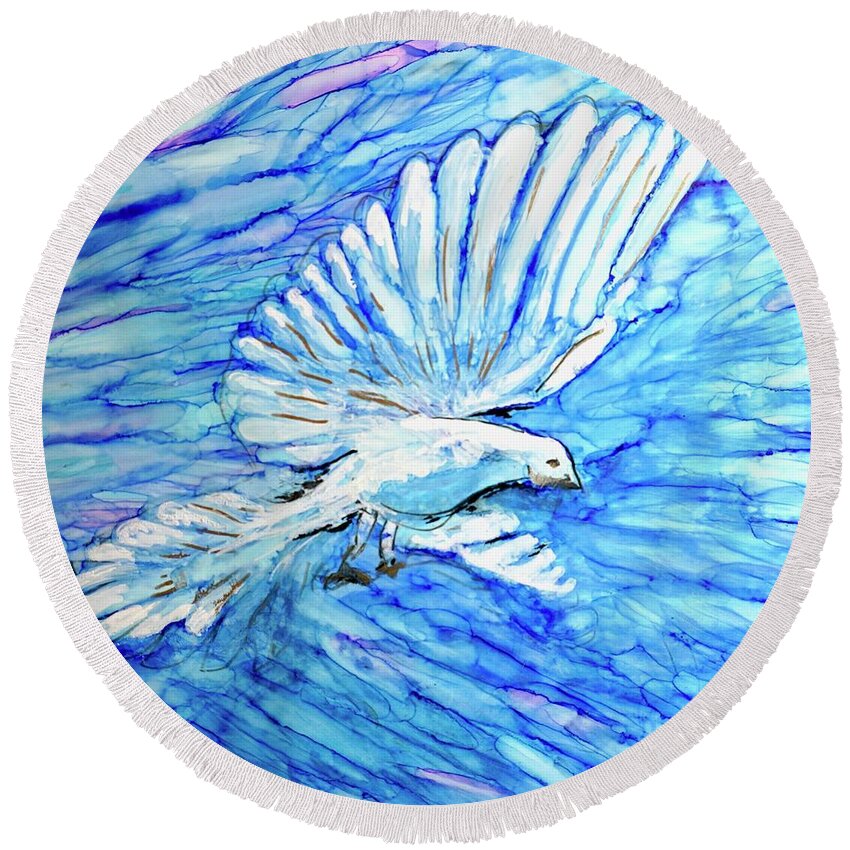 Holy Spirit Round Beach Towel featuring the painting Blue Dove Holy Spirit by Patty Donoghue