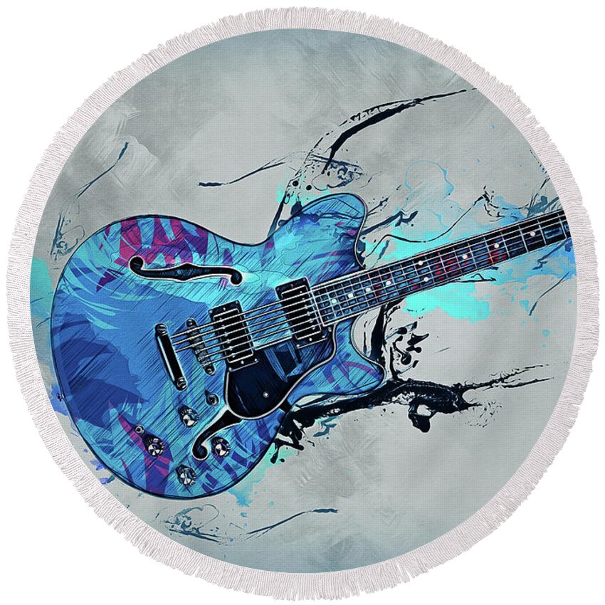 Music Round Beach Towel featuring the digital art Blue Electric Guitar by Ian Mitchell