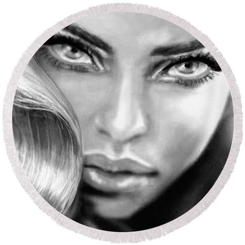 Portrait Round Beach Towel featuring the painting Blue Eyes Sensual bw by Angie Braun