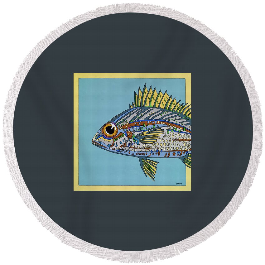 Blue Fish Ocean Salt Water Round Beach Towel featuring the painting Blue Fish by Mike Stanko