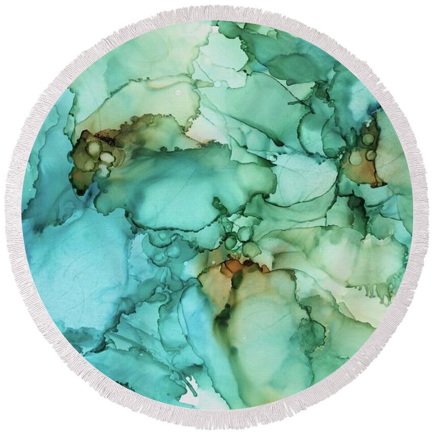 Alcohol Ink Round Beach Towel featuring the painting Blue Green Mist by Lael Rutherford
