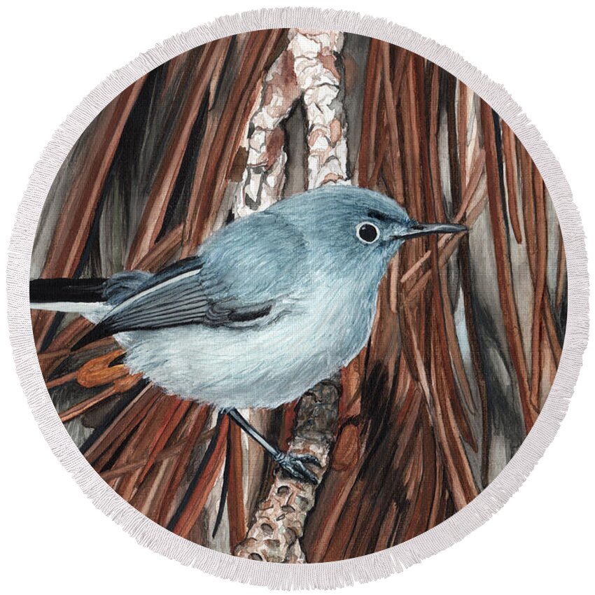 Gnatcatcher Round Beach Towel featuring the painting Blue-Grey Gnatcatcher by Heather E Harman