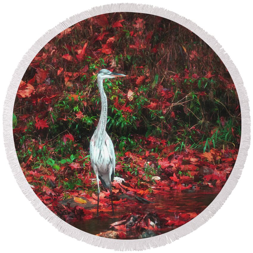 Heron Round Beach Towel featuring the photograph Blue Heron and Red Autumn Leaves by Jason Fink