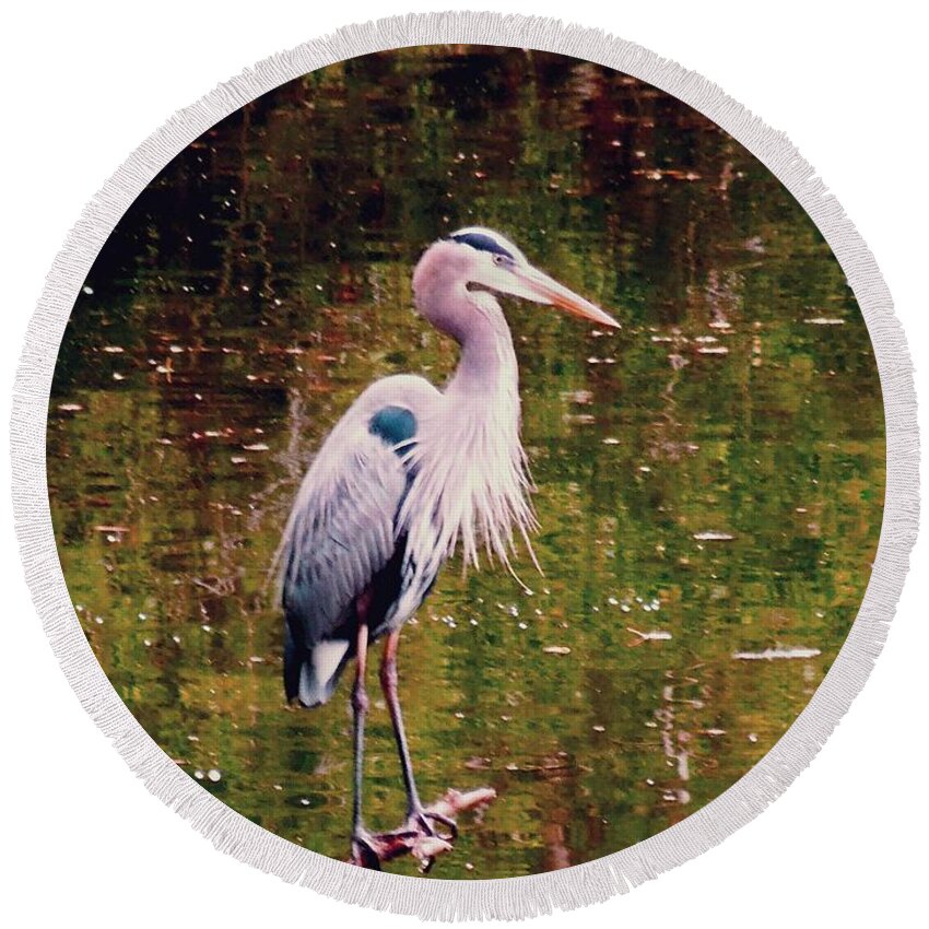 Blue Heron Round Beach Towel featuring the digital art Blue Heron by Don Wright