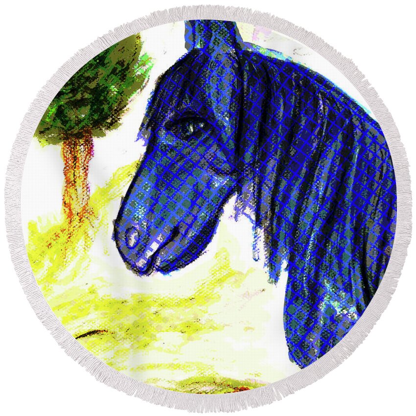 Horse Round Beach Towel featuring the mixed media Blue Horse by Mimulux Patricia No