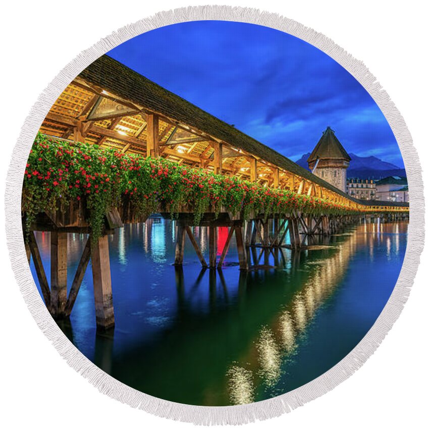 City Round Beach Towel featuring the digital art Blue Hour at the Chapel Bridge by Kevin McClish
