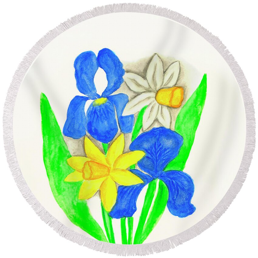 Flower Round Beach Towel featuring the painting Blue irises, narcissus nd daffodil by Irina Afonskaya