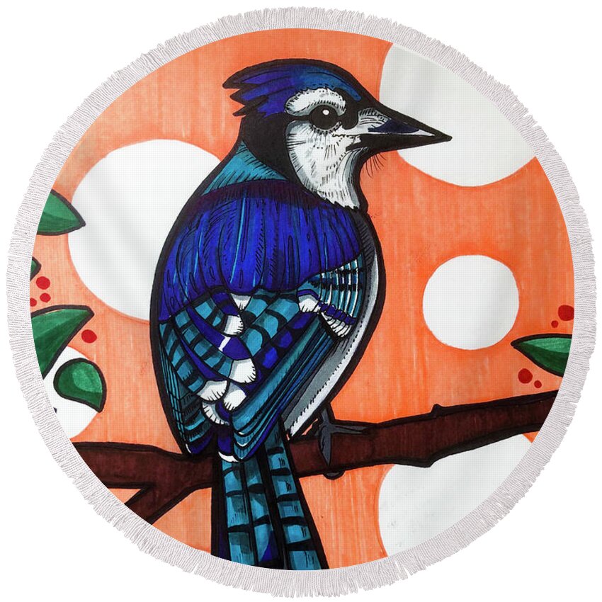 Blue Jay Round Beach Towel featuring the drawing Blue Jay by Creative Spirit