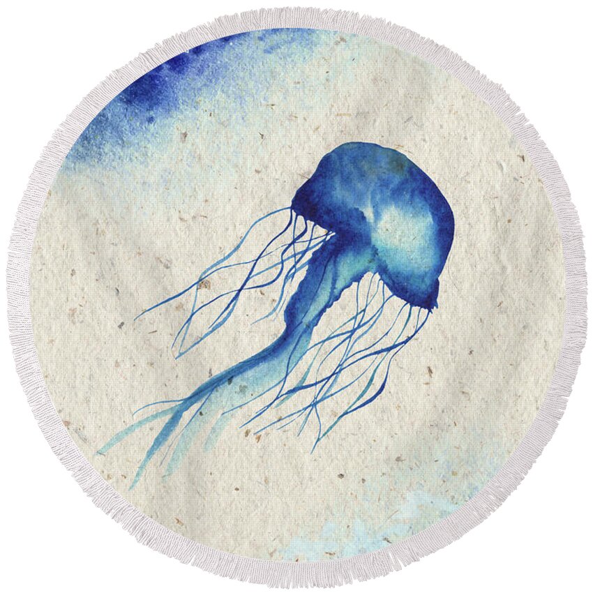 Blue Jellyfish Round Beach Towel featuring the painting Blue Jellyfish by Garden Of Delights