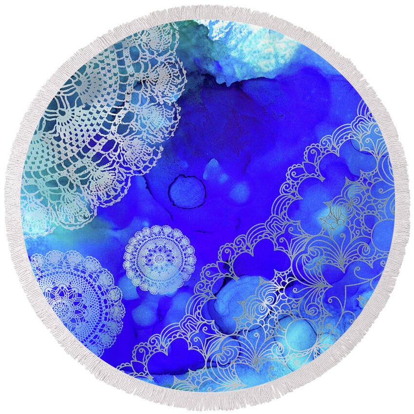 Blue Round Beach Towel featuring the mixed media Blue Lace Abstract 58 by Lucie Dumas
