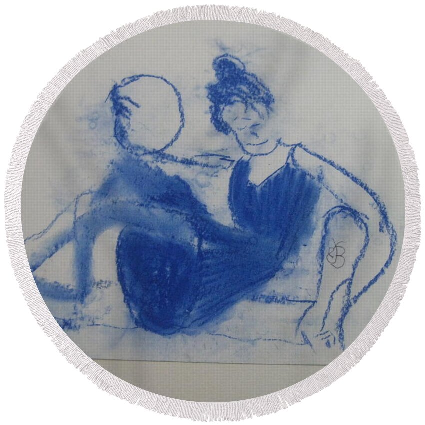 Blue Round Beach Towel featuring the drawing Blue Lady with a Hoop by AJ Brown